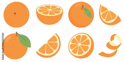 Fresh orange fruits with leaves, slices and branches. Collection of ripe citrus elements in flat vector style. Illustration of natural healthy food on a white background.