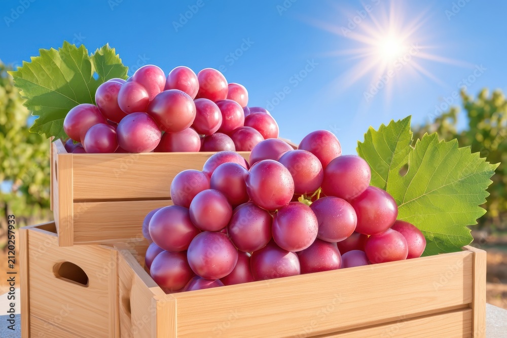 Obraz premium Wooden crates overflowing with freshly picked purple grapes under bright sun