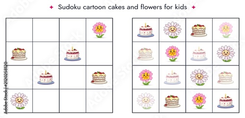 Bild auf Leinwand Cartoon Sudoku puzzle with cakes and flowers for kids
