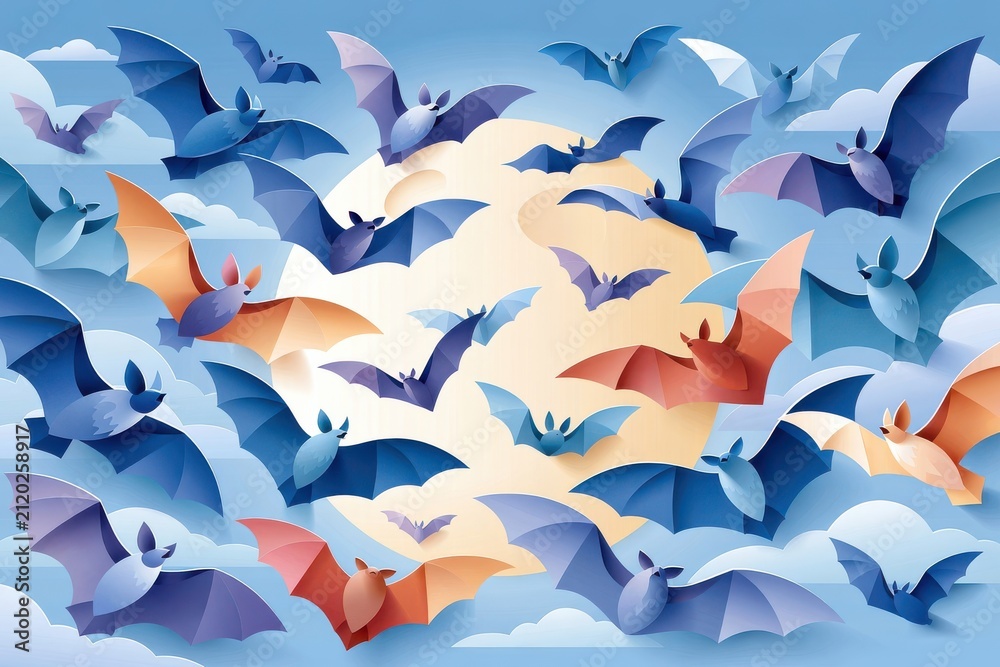 Obraz premium Paper cut bats flying outward from center against moon and clouds