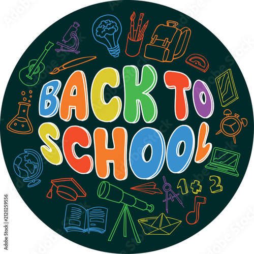 Back to school circular doodle frame with various stationary supplies.. vector illustration