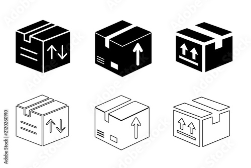 Black shipping box icon set. Cardboard packaging symbols with 'this way up' arrows in solid black and line outline styles. Vector illustration for delivery and logistics.