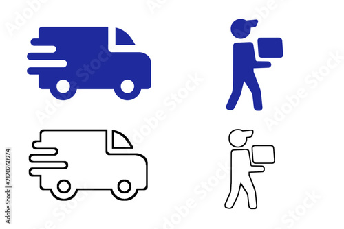 Delivery truck and courier icon set. Fast shipping van and delivery man carrying box symbols in solid blue and line outline styles. Vector illustration for logistics service.