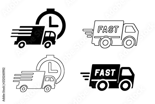Fast delivery and express shipping icon set. Delivery trucks with clock symbols and 'FAST' text in solid black and line outline styles. Vector illustration for logistics and time-sensitive cargo