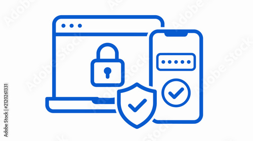 Cyber security concept icon showing laptop and smartphone protection with padlock and shield vector illustration