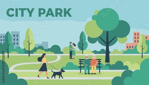 People relaxing in green city park with woman walking dog couple hugging and senior citizens resting on wooden bench.