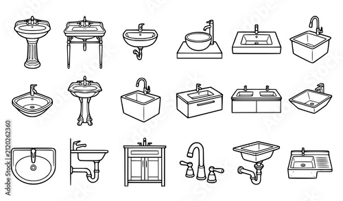 фотографія Bathroom Sink Washbasin Vanity and Plumbing Fixture Outline Vector Icon Collecti