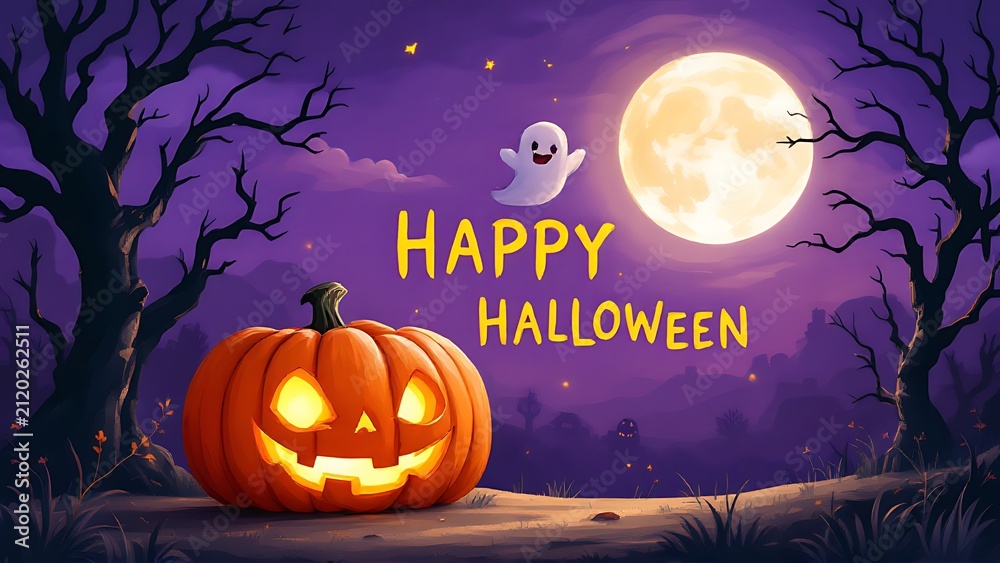 Fototapeta premium Spooky halloween night with a glowing jackolantern and a friendly ghost against a full moon sky