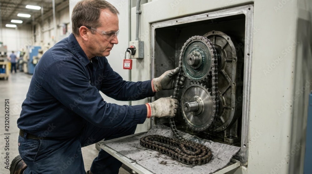 Obraz premium Industrial technician repairing machinery in a factory. Male mechanic installing a metal drive chain on sprockets during a production line overhaul