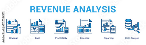 Foto Revenue Analysis web banner icon concept,  with Revenue, Cost, Profitability, Financial, Reporting, Data An
