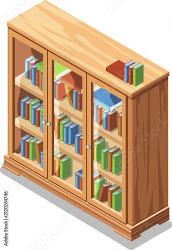 Vintage Wooden Bookcase. Cozy Reading Corner Isometric Illustration on transparent background