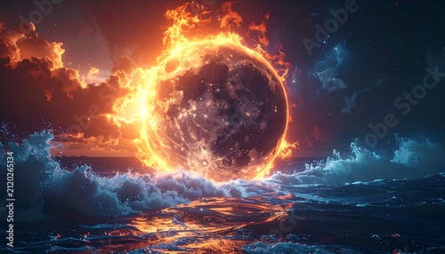 Fiery Globe Over Ocean.