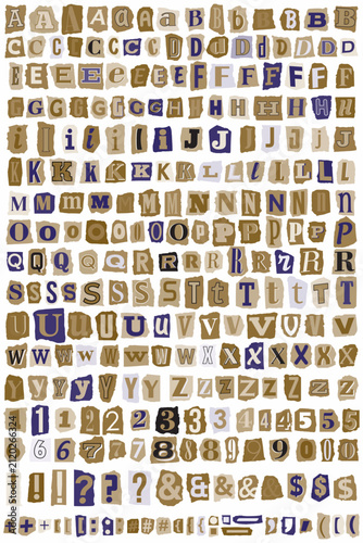 Mixed typography paper alphabet clipart inspired by zine aesthetic editorial collage. Magazine cutout letters, numbers and symbols for scrapbooking, DIY crafts, posters, branding and creative design