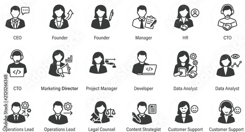 Professional corporate business team user profile avatars vector icon set inside circular frames