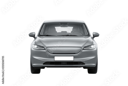 Front view silver electric car on black background.