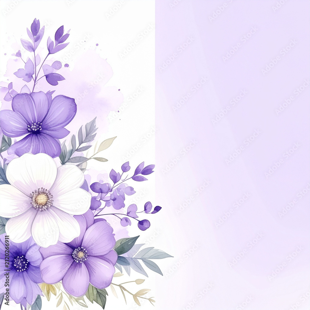 Obraz premium 淡いパープルの水彩風花柄背景 おしゃれで上品なボタニカルイラストのフレーム素材 文字入れ用コピースペースがあるカードデザインや結婚式の招待状・メニュー表の装飾用背景素材