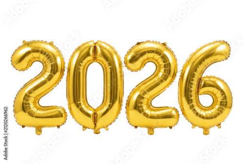 Gold foil 2026 balloons on black background.