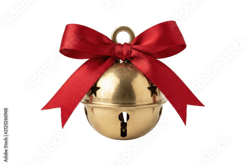Gold jingle bell with decorative red satin bow.