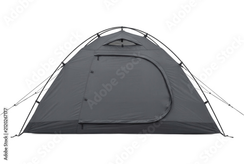 Grey dome camping tent isolated on black background.