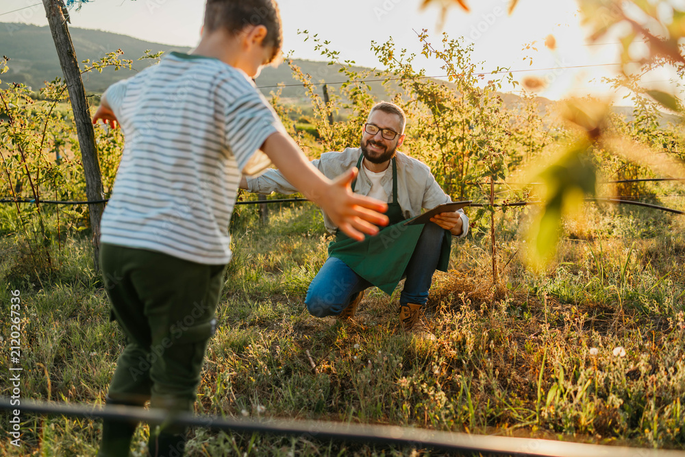 Naklejka premium Dad and son hugging in the orchard
