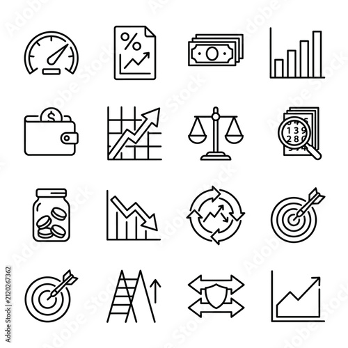 Business and Finance Icon Set for Data Analysis, Growth Strategy, and Financial Planning