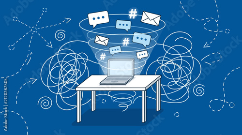 Navigating the Digital Deluge Visualizing Information Overload and Communication Management on a Laptop
