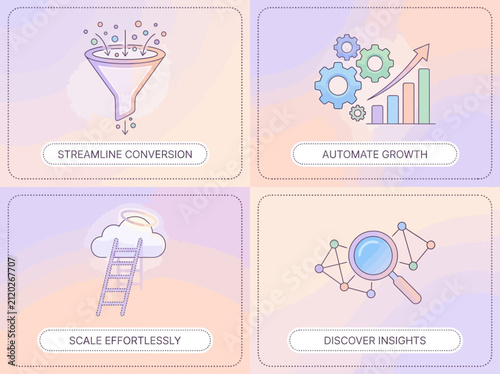 Set of Four Creative Linear Infographic Concepts for Business Optimization and Digital Strategy