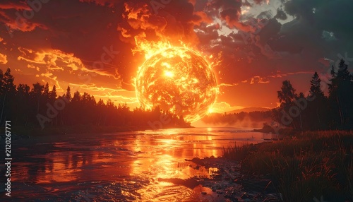Fiery Orb Over River.
