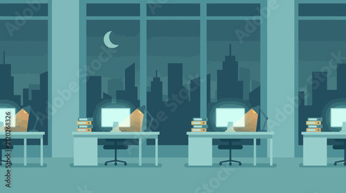 Modern office interior with rows of empty desks and illuminated computer screens at night