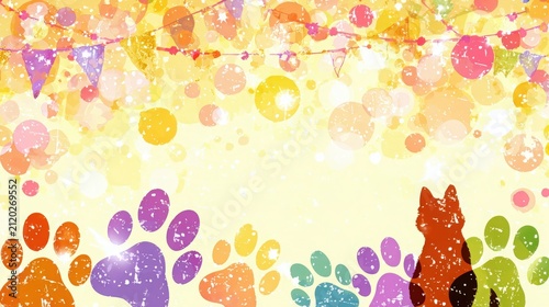 Colorful Paw Prints and Festive Lights Background