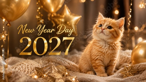  cute orange kitten sits on a cozy blanket surrounded by golden balloons and stars, with 