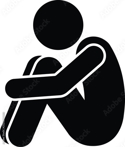 A black and white vector icon of a lonely person sitting on the ground hugging their knees tightly