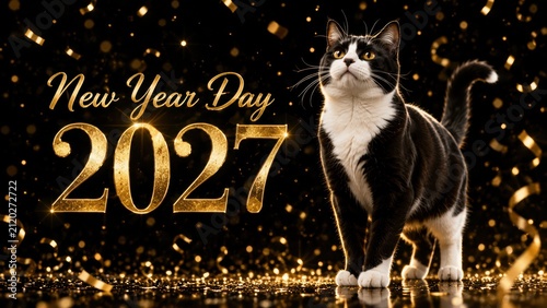 stylish black and white cat stands confidently beside sparkling gold text wishing a Happy New Year 2027, set against a festive, glittery background with confetti.