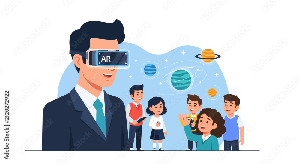 Fototapeta premium A male instructor wearing augmented reality goggles shows interactive solar system planets to a group of curious schoolchildren during an immersive technology lesson inside a modern academic