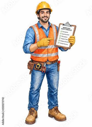Construction worker holding safety checklist. Builder pointing at inspection report.