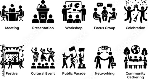 Social gathering and business event icon set in a flat black silhouette style including meeting, presentation, celebration, festival, and networking.