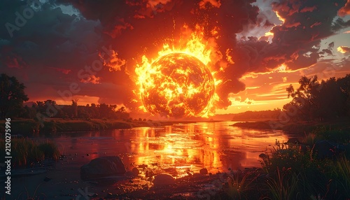 Fiery Sun over River.