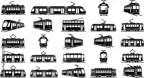 Tram icon set in a flat black silhouette style including vintage streetcars, modern light rail vehicles, and cable cars.