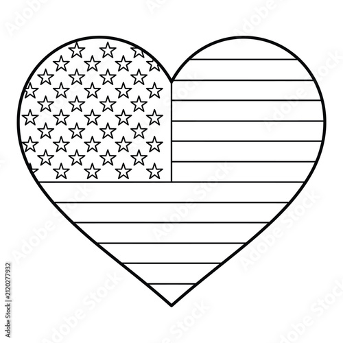 Black and white line art illustration of a heart shape featuring the pattern of the american flag