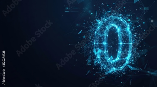 Abstract glowing zero graphic with geometric light particles on dark, tech-themed background. Futuristic, high-contrast composition evokes innovation and digital advancement.