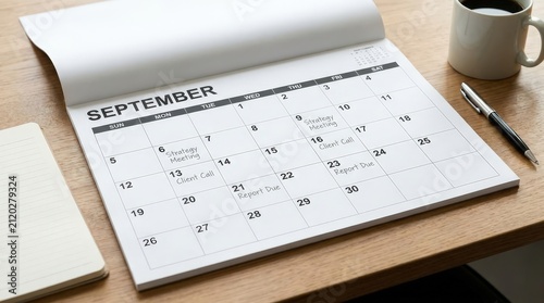 September desk calendar for monthly planning, scheduling, productivity, school organization and business time management.