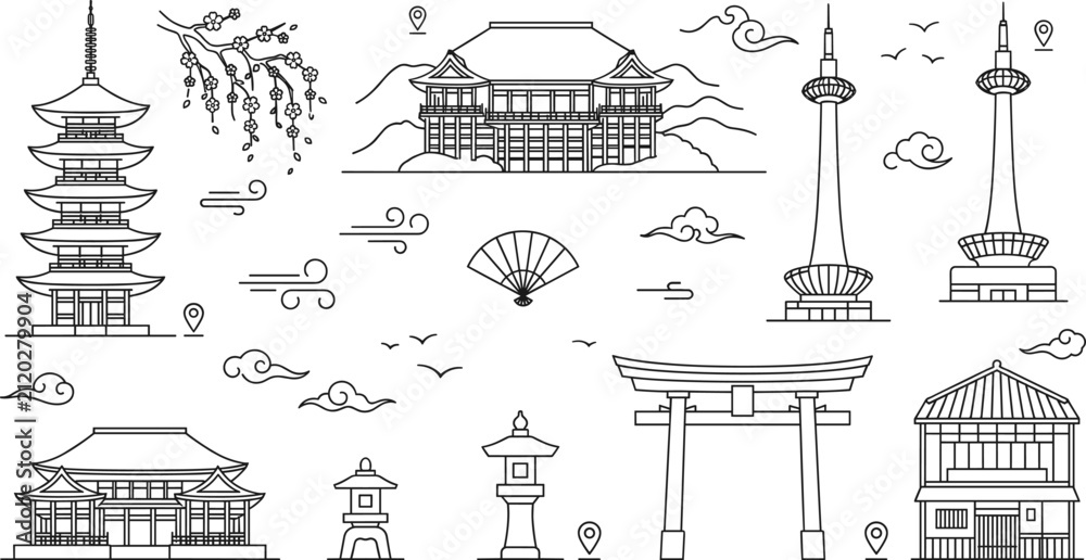 Fototapeta premium Japan travel landmark line icon set with pagoda temple torii gate and kyoto tower