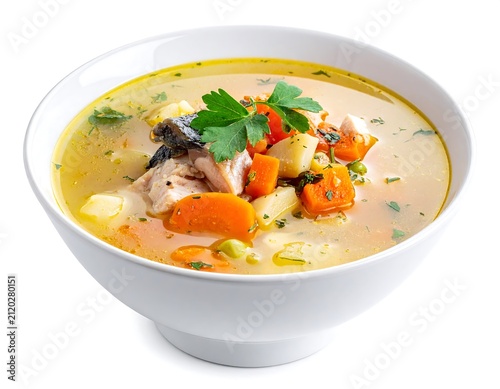 Fish soup in white bowl.