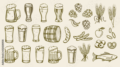 Fotografie Collection of beer mugs barley hops and related items in a vintage style vector