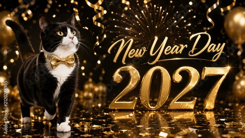 black and white cat wearing a gold bow tie stands amidst golden confetti and balloons, celebrating New Year Day 2027 with festive fireworks in the background.