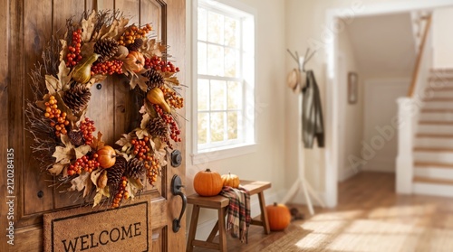 Autumn wreath decorating a wooden front door, seasonal welcome, Thanksgiving home decor, fall curb appeal and festive entrance styling.