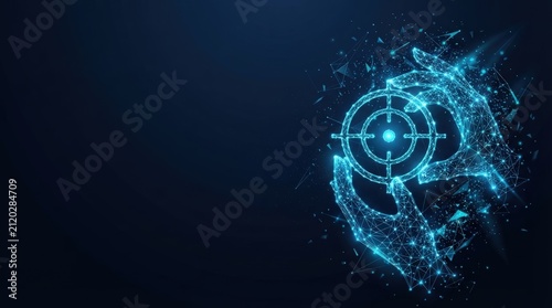 Abstract digital interface with glowing crosshair targeting effect, neon blue particles, dark background, futuristic tech mood. Ideal for cybersecurity, gaming, or innovation themes.