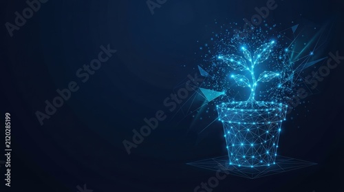 Illuminated digital plant in pot with glowing, abstract light particles; studio lighting, dark background, futuristic mood emphasizing growth and innovation.