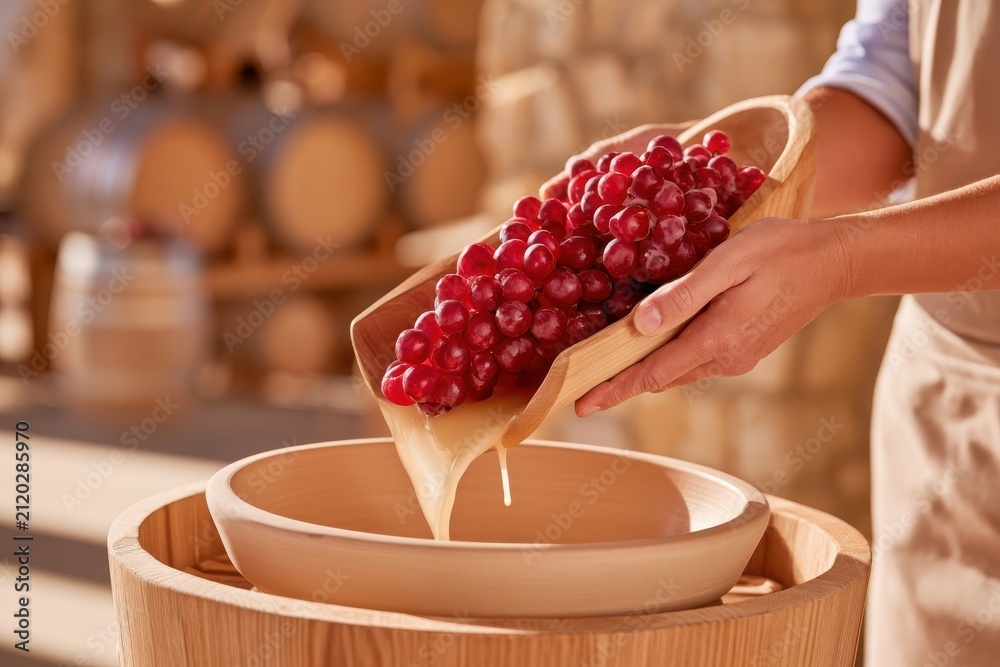 Obraz premium Traditional grape pressing with wooden basket press releasing juice into bowl