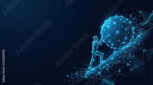 Illuminated digital art shows silhouette pushing glowing sphere on geometric steps, futuristic lighting, abstract tech-inspired composition, evoking progress and innovation.